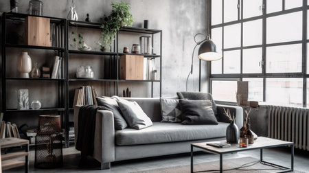 Living room decor, home interior design . Minimalist Industrial style with Large Artwork decorated with Concrete and Metal material . Generative AI AIG26.の素材
