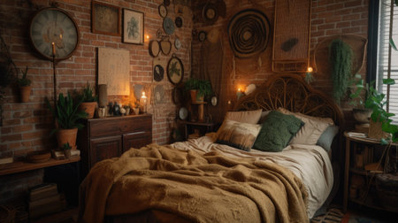 Bedroom decor, home interior design . Industrial Bohemian style with Wall decor decorated with Brick and Wicker material . Generative AI AIG26.の素材
