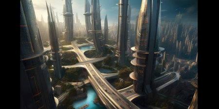 The high angle view of advanced infrastructure futuristic cities and skyscrapers. Generative AI AIG27.の素材
