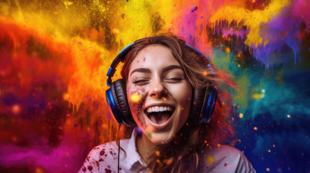 candid shot of an excited young scandinavian woman party with headphones. beautiful Generative AI AIG32の素材