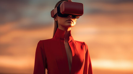 Modeling woman wearing virtual reality with haute couture dress style and shooting fashion in sunset. Generative AI AIG27.の素材