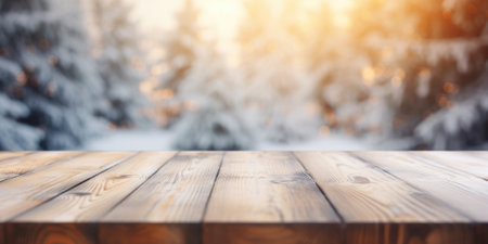 The empty wooden brown table top with blur background of home room in winter. Exuberant image.の写真素材
