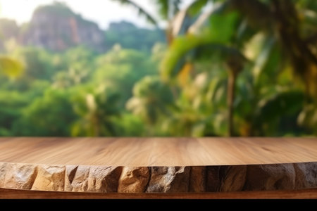 A flat rock empty table for product display with blur background of tropical jungle. Generative AI AIG30.の素材