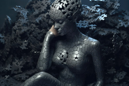 A woman made of dark grey puzzle pieces with some are missing, Generative AI AIG27.の素材