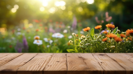 The empty wooden table top with blur background of English garden. Generative AI image AIG30.の素材