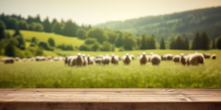 The empty wooden brown table top with blur background of sheep pasture. Exuberant image.の写真素材