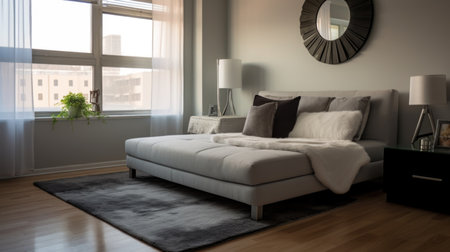 Bedroom decor, home interior design . Contemporary Minimalist style with Large Window decorated with Glass and Metal material . Generative AI AIG26.の素材