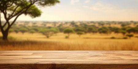 The empty wooden brown table top with blur background of Savanna Safari. Exuberant image.の写真素材