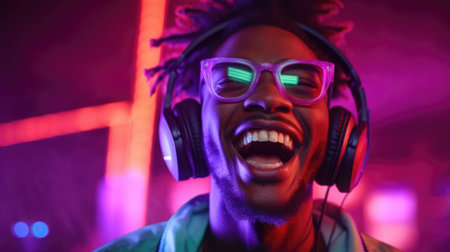 candid shot of an excited young african man party with headphones. beautiful Generative AI AIG32の素材