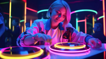 candid an excited DJ young scandinavian woman mixing music at turntables with headphones. beautiful Generative AI AIG32の素材