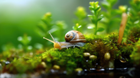 photo of a snail, macro photography , stream of fresh water, young green plant, outdoor springtime. beautiful Generative AI AIG32の素材