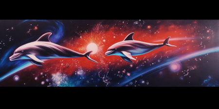 An airbrush painting of 1980s dolphins floating in minimal space style. Generative AI AIG27.の素材