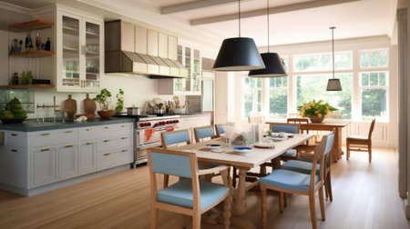 The modern interior open space design of dining room and kitchen in white tone. Generative AI AIG27.の素材