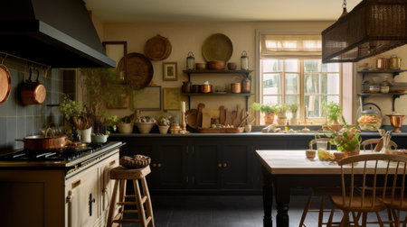 The interior design of gorgeous antique country kitchen with counter seating in subtle english style. Generative AI AIG27.の素材