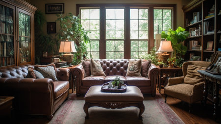 Living room decor, home interior design . Traditional Rustic style with Fireplace decorated with Wood and Linen material . Generative AI AIG26.の素材