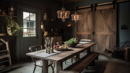 Interior design inspiration of Rustic Farmhouse style home dining room loveliness decorated with Wood and Metal material and Barn Doors .Generative AI home interior design .の素材