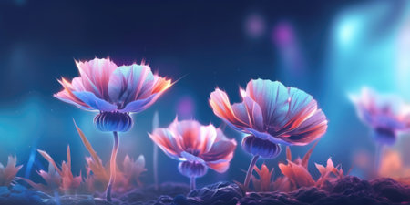 Beautiful abstract neon light misty morning photo floral design background. beautiful Generative AI AIG32の素材