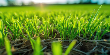 Springtime wheat field with fresh, green sprouts in soft focus. beautiful Generative AI AIG32の素材
