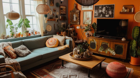 A stylish modern Bohemian living room interior design with green and orange tone colors. Generative AI AIG27.の素材
