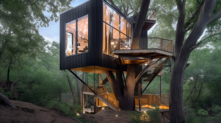 The exterior design of modern and luxurious treehouse in the forest. Generative AI image AIG30.の素材