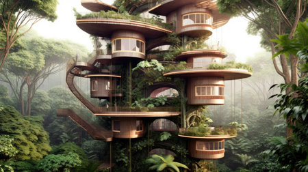 The complex tree house with multiple floors in tropical jungle. Generative AI image AIG30.の素材