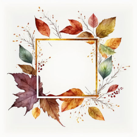 Square frame with autumn leaves watercolor painted isolated on white background. Theme of vintage minimal art design in geometric. Finest generative AI.の素材