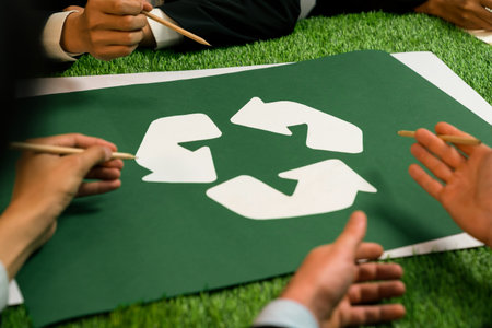 Recycle icon on meeting table in office with business people planning eco business investment on waste management as recycle reduce reuse concept for clean ecosystem. Quaintの写真素材