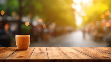 The empty wooden table top with blur background of outdoor cafe in the morning. Generative AI image AIG30.の素材