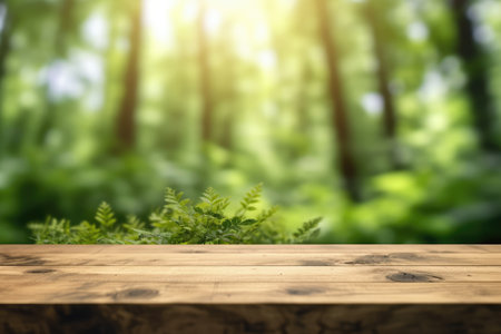 The empty wooden table top with blur background of boreal forest. Exuberant image.の写真素材