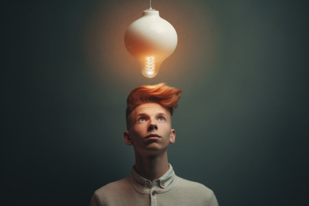 bright light bulb floating above of young scandinavian mans head. beautiful Generative AI AIG32の素材