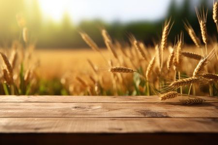 The empty wooden table top with blur background of wheat farm. Generative AI image AIG30.の素材