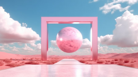 3d rendered Abstract aesthetic background. Surreal fantasy landscape. Water, pink desert, neon square shape chrome metallic gate under the blue sky with white clouds. Virtual reality wallpaperの素材