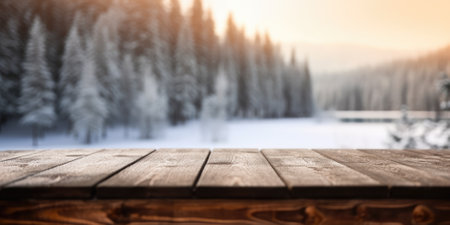 The empty wooden dark brown rustic table top with blur background of winter forest in finland. Generative AI image AIG30.の素材