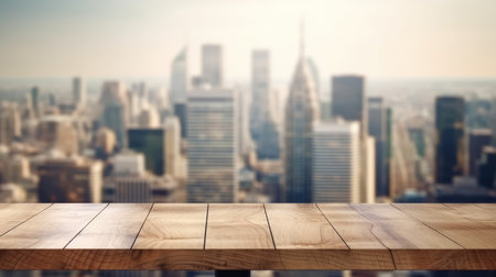 The empty wooden table top with blur background of business district and office building in autumn. Exuberant image.の写真素材