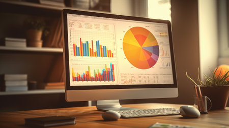 The side view of a computer screen displaying multiple financial reports, graphs and pie in corporate office background. beautiful Generative AI AIG32の素材