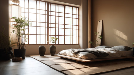 Bedroom decor, home interior design . Japanese Zen style with Tatami Mat decorated with Bamboo and Paper material . Generative AI AIG26.の素材