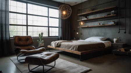 Bedroom decor, home interior design . Industrial Mid-Century Modern style with Bookshelf decorated with Concrete and Leather material . Generative AI AIG26.の素材