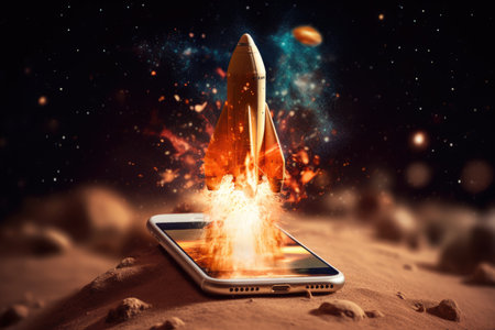 Rocket coming out of smartphone screen. beautiful Generative AI AIG32の素材