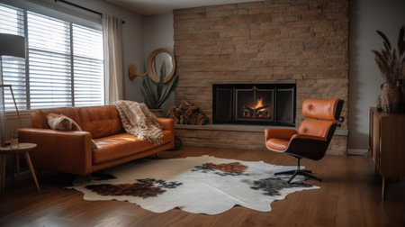 Living room decor, home interior design . Mid-century modern Rustic style with Fireplace decorated with Leather and Wood material . Generative AI AIG26.の素材