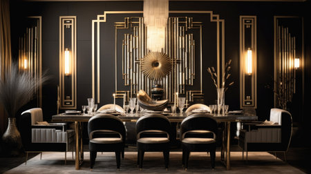 Interior design inspiration of Art Deco Glam style home dining room loveliness decorated with Glass and Velvet material and Geometric Chandelier .Generative AI home interior design .の素材