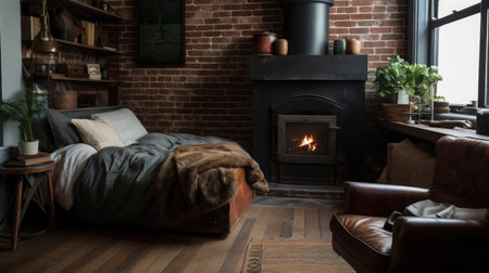 Bedroom decor, home interior design . Rustic Industrial style with Fireplace decorated with Brick and Metal material . Generative AI AIG26.の素材