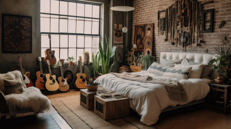 Bedroom decor, home interior design . Bohemian Industrial style with Wall Hanging decorated with Textile and Metal material . Generative AI AIG26.の素材