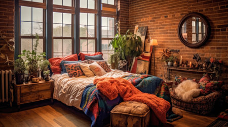 Bedroom decor, home interior design . Rustic Bohemian style with Window decorated with Brick and Textile material . Generative AI AIG26.の素材