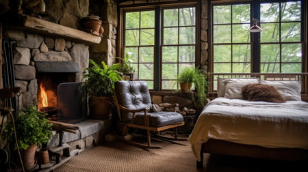 Bedroom decor, home interior design . Rustic Farmhouse style with Fireplace decorated with Wood and Stone material . Generative AI AIG26.の素材