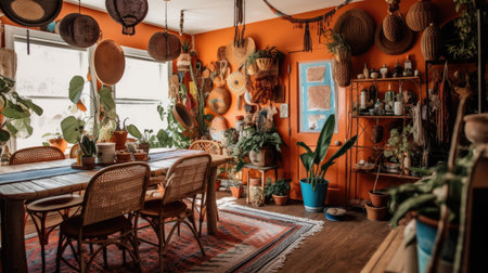 Interior design inspiration of Bohemian Eclectic style home dining room loveliness decorated with Wood and Rattan material and Macrame Wall Hanging .Generative AI home interior design .の素材
