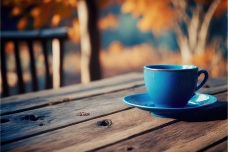 Focus blue color of coffee cup on wooden table with blurred autumn background. Concept of blank space for advertising product. Finest generative AI.の素材