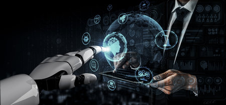 3D rendering artificial intelligence AI research of robot and cyborg development for future of...