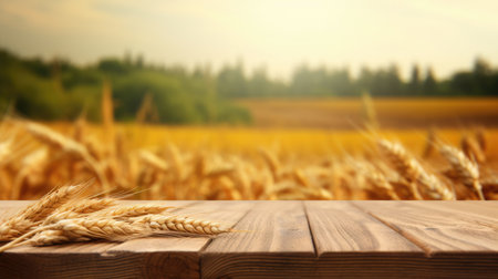 The empty wooden table top with blur background of wheat farm. Generative AI image AIG30.の素材