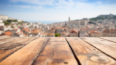 The empty wooden table top with blur background of the old town Dubrovnik . Exuberant image.の写真素材