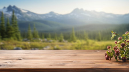 The empty wooden table top with blur background of Alaska nature. Generative AI image AIG30.の素材